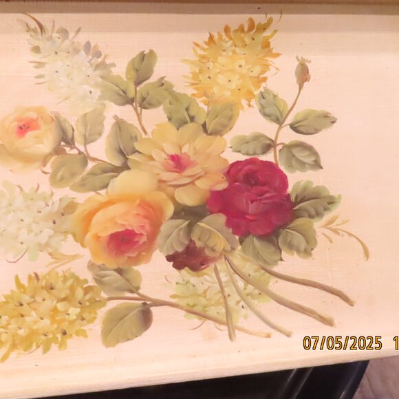 White Handpainted Shabby Chic Wood Serving Tray Rose Floral Handle cut out 17.5" - Picture 2 of 6